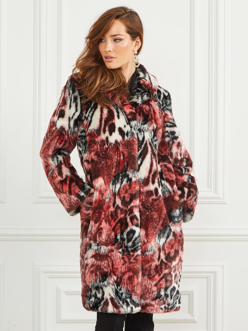 Guess Belle Faux-Fur Coat - Leopard Rose Print