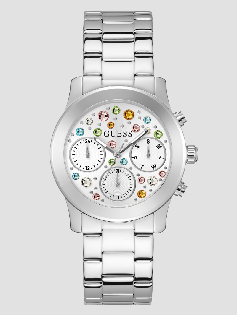 Guess Silver-Tone Colored Crystal Multifunction Watch - Silver