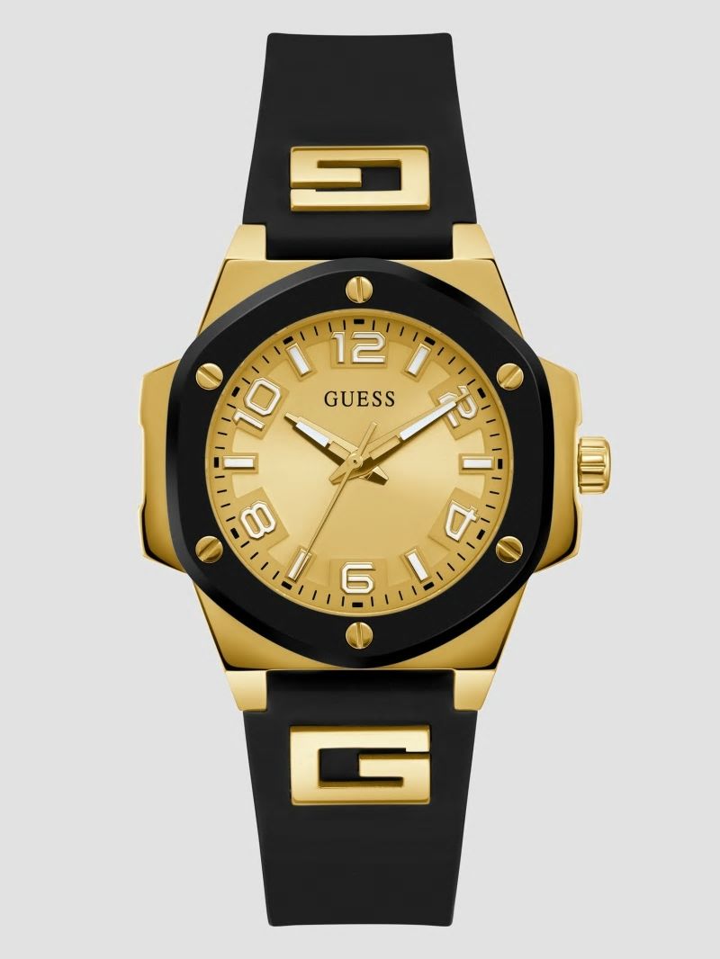 Guess Gold-Tone and Black Silicone Analog Watch - Black Snakeskin