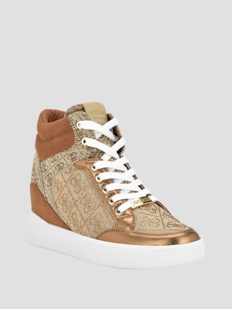 Guess Blairin Rhinestone Logo Wedge Sneakers - Medium Brown