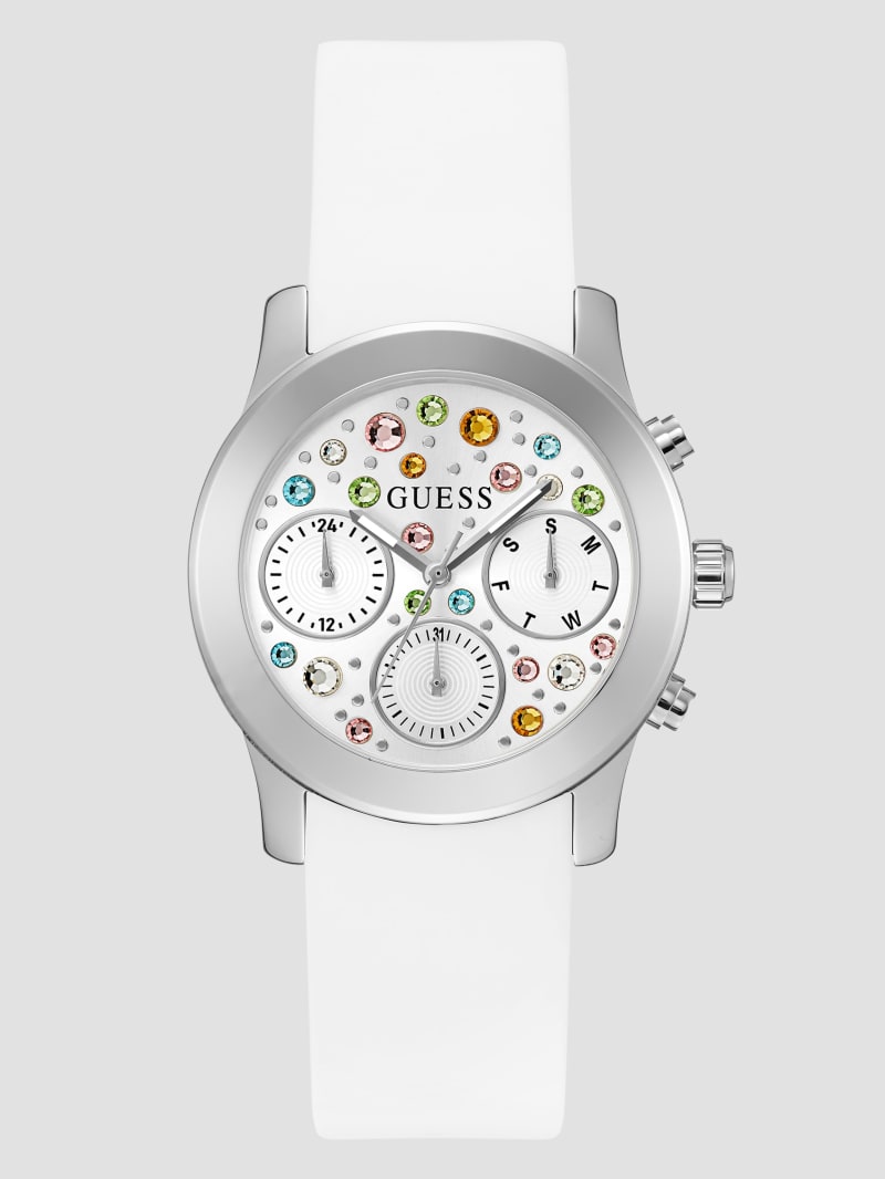 Guess Silver-Tone and White Colored Crystal Multifunction Watch - White Multi