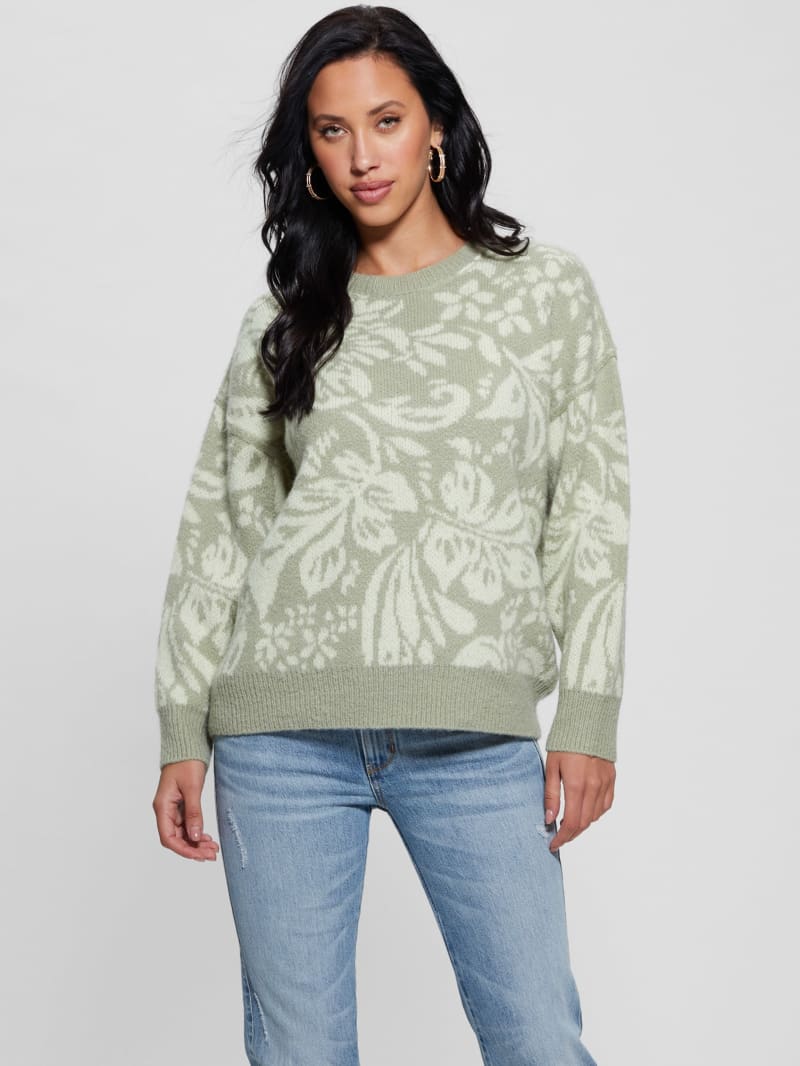 Guess Hibiscus Wool-Blend Sweater - Folk Floral Print Dove Wh