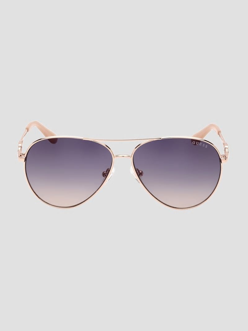 Guess Square G Link Metal Aviator Sunglasses - Shiny Rose Gold/Gradient