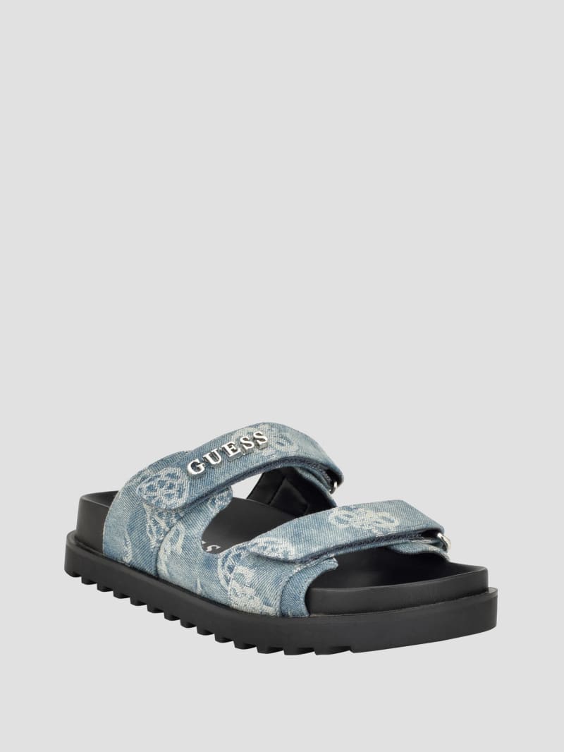 Guess Fabulon Denim Peony Two-Strap Slides - Denim Tie Dye