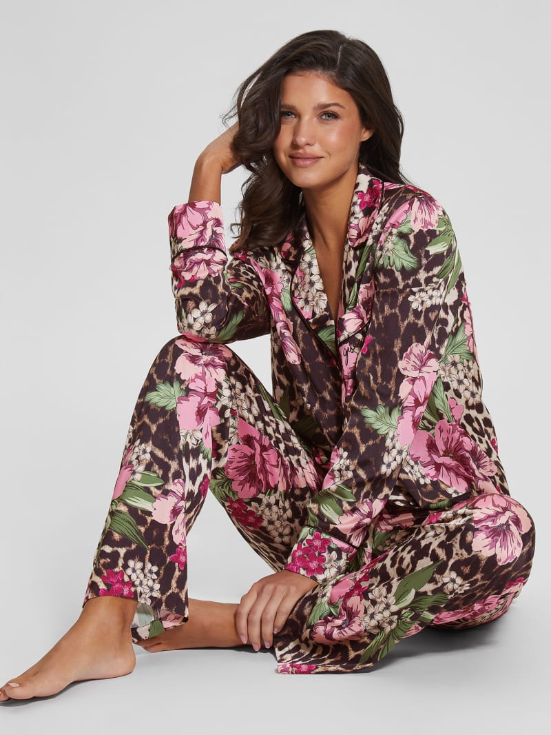 Guess Eco Dulcie Shirt and Pants PJ Set - Allover Flowers Leopard