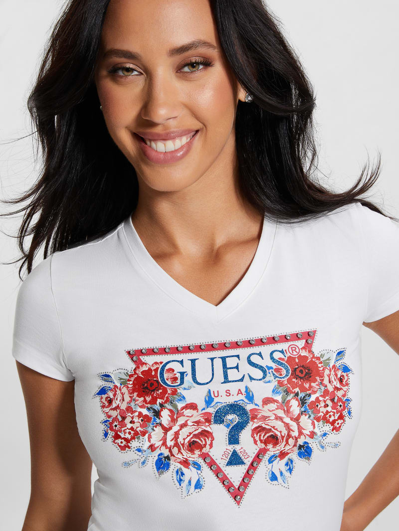 Guess Eco Floral Signature Triangle Tee - Pure White