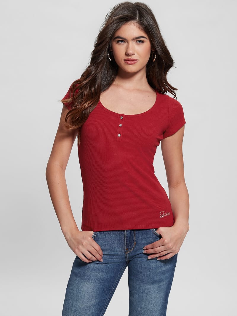 Guess Eco Karlee Henley Tee - Chili Red
