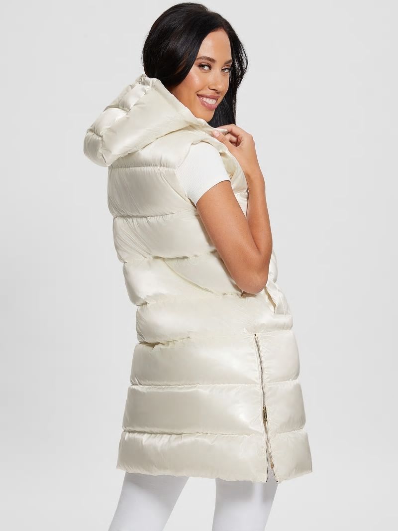 Guess Noemi Long Satin Puffer Vest - Cream White Multi