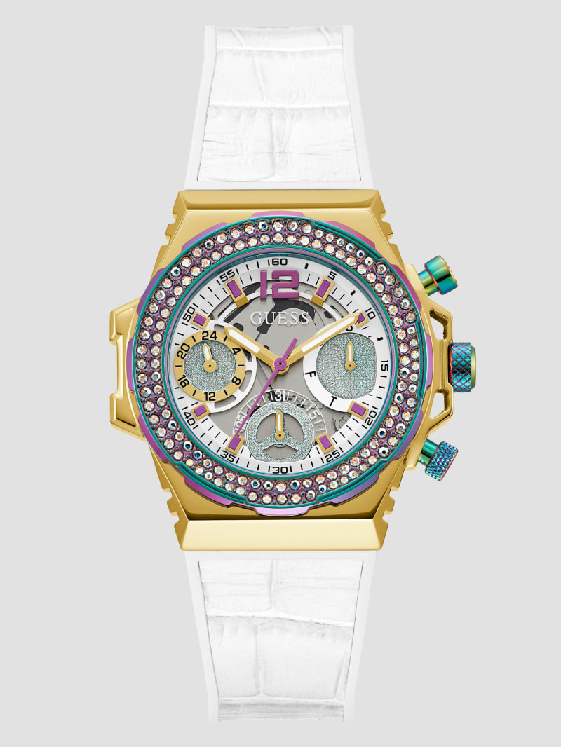 Guess Gold-Tone and White Crocodile Leather Multifunction Watch - White Multi