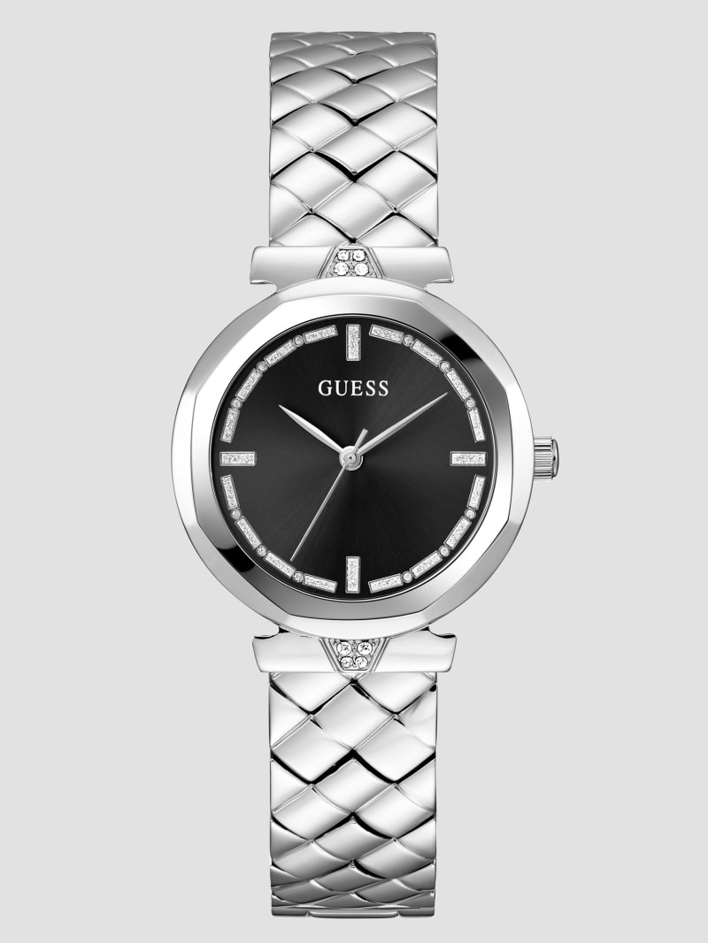 Guess Silver-Tone and Black Glitter Analog Watch - Silver