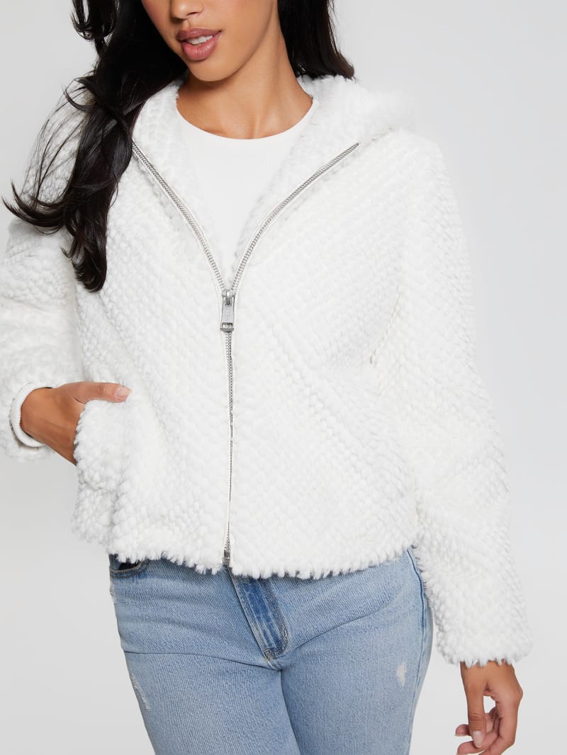 Guess Theoline Faux-Fur Hooded Jacket - Cream White