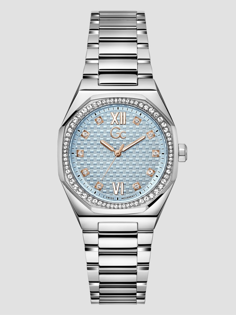 Guess Gc Silver-Tone and Light Blue Crystal Analog Dial - Silver