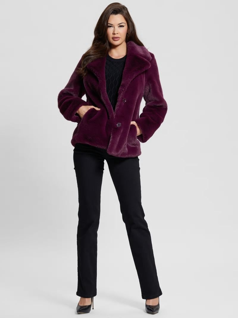 Guess Corinne Faux-Fur Coat - Black Cherry