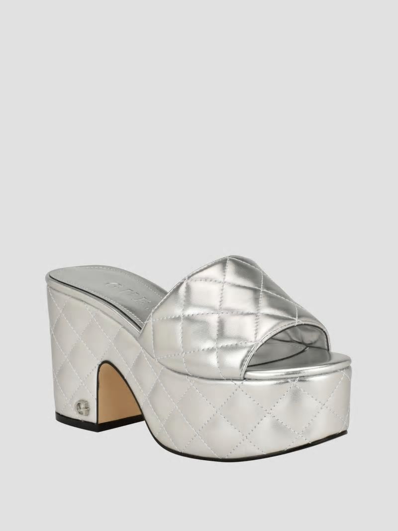 Guess Yanni Quilted Platform Mules - Silver 040
