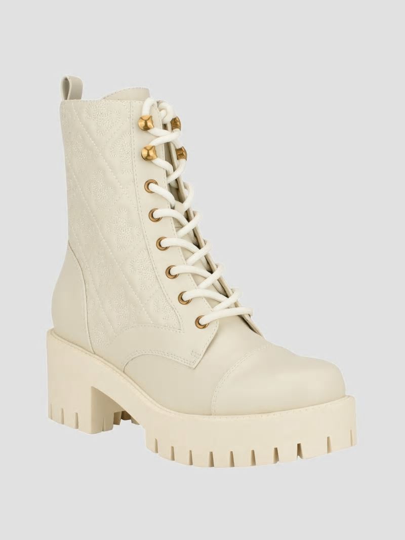 Guess Waite Embossed Lace-Up Moto Boots - Ivory 150