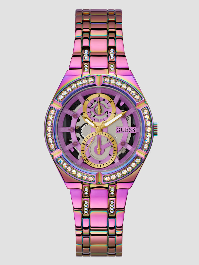 Guess Iridescent Rhinestone Cut-Through Multifunction Watch - Multi