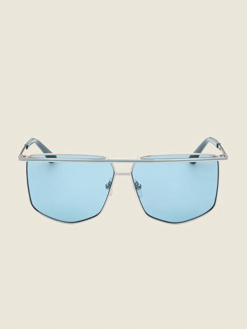 Guess Metal Brow Bar Geometric Sunglasses - Shiny Silver/Blue