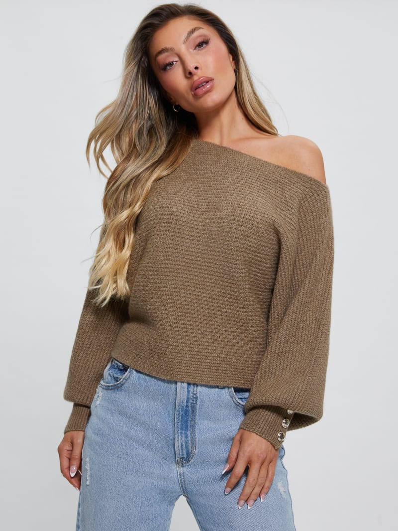 Guess Isadora Off-Shoulder Sweater - Silk Taupe Heather Multi