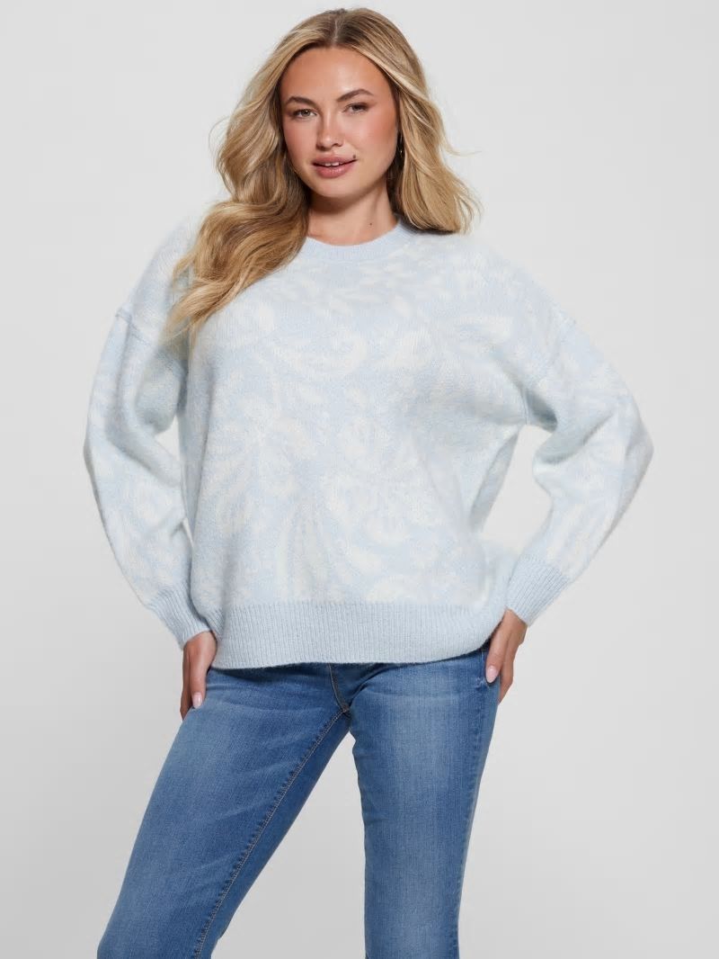 Guess Hibiscus Wool-Blend Sweater - Folk Floral Print Sky Hig