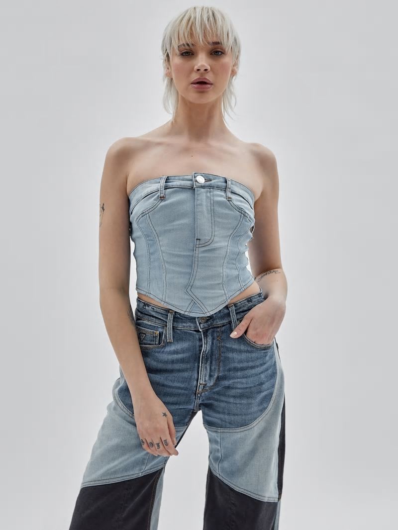 Guess GUESS Originals x Homeboy Upcycled Denim Bustier - Upcycled Light Wash Multi Guess GUESS Originals x Homeboy Upcycled Denim Bustier - Upcycled Light Wash Multi