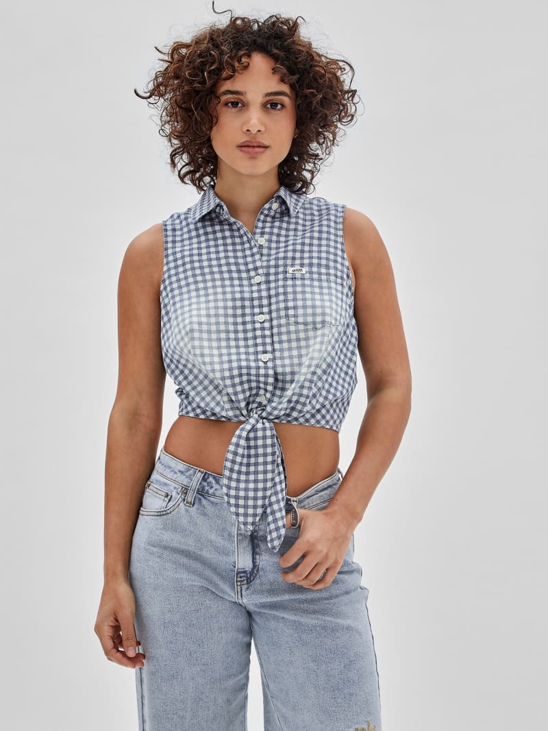 Guess GUESS Originals Gingham Tie-Front Top - Night Sky Blue Multi