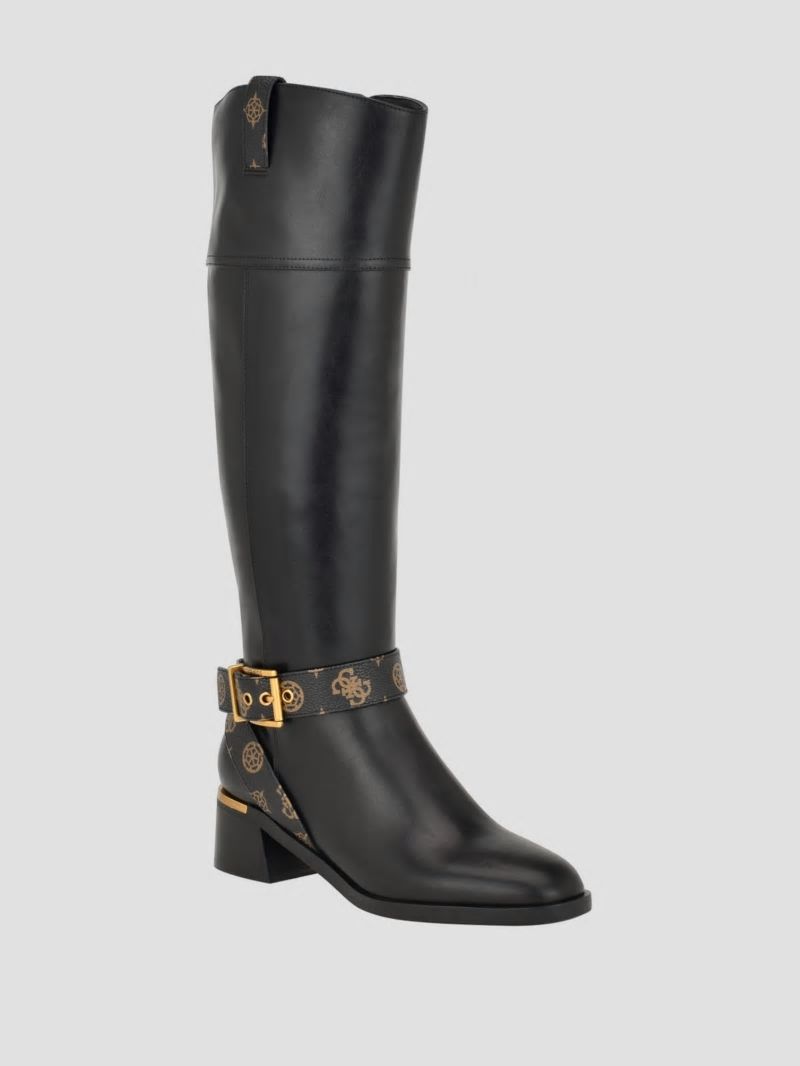 Guess Eveda Buckle Riding Boots - Black Leather