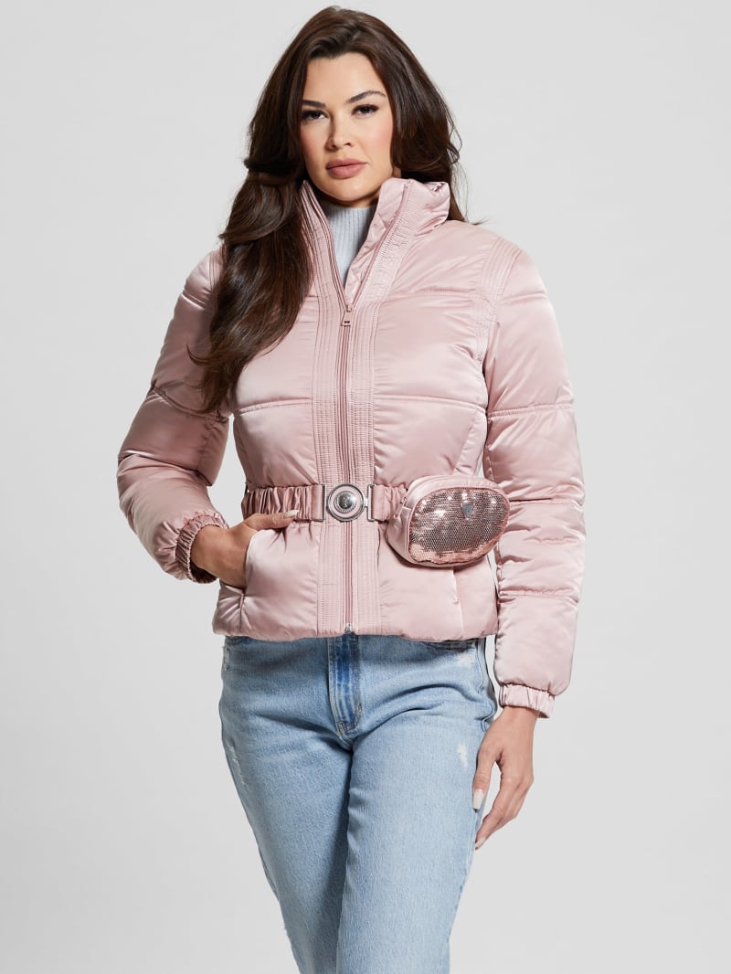 Guess Eco Lucia Belt Bag Puffer Jacket - Rosy Violet Multi