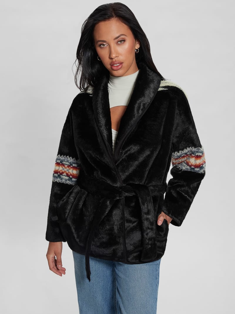 Guess Carlotta Faux-Fur Wrap Jacket - Black