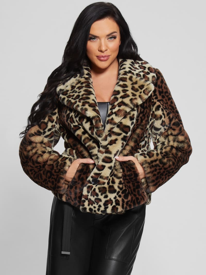 Guess Denise Leopard Coat - Natural Leo Combo