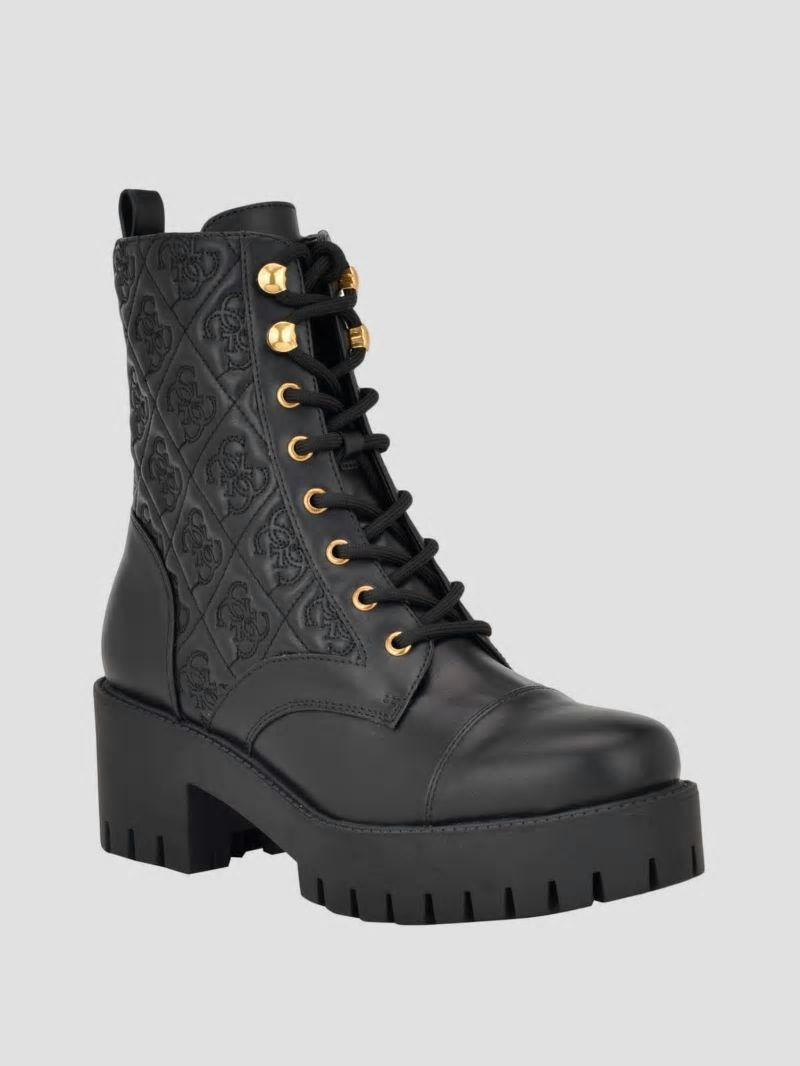 Guess Waite Embossed Lace-Up Moto Boots - Black 001 Guess Waite Embossed Lace-Up Moto Boots - Black 001
