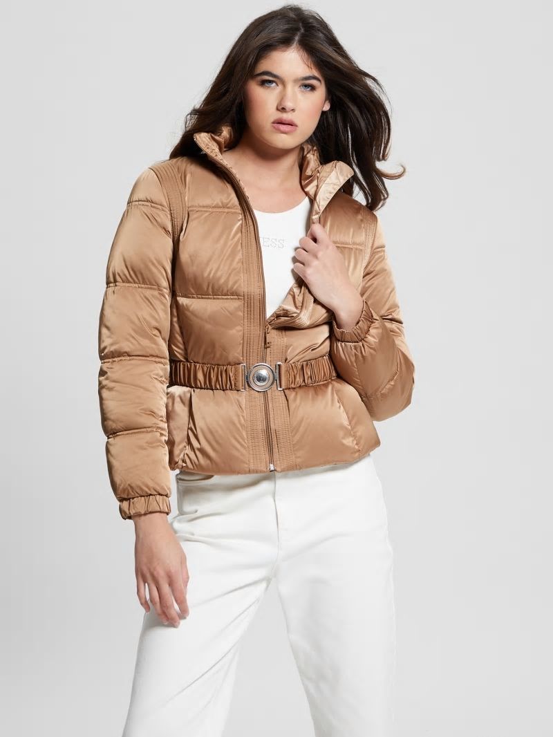 Guess Eco Lucia Belt Bag Puffer Jacket - Wet Sand Multi Guess Eco Lucia Belt Bag Puffer Jacket - Wet Sand Multi