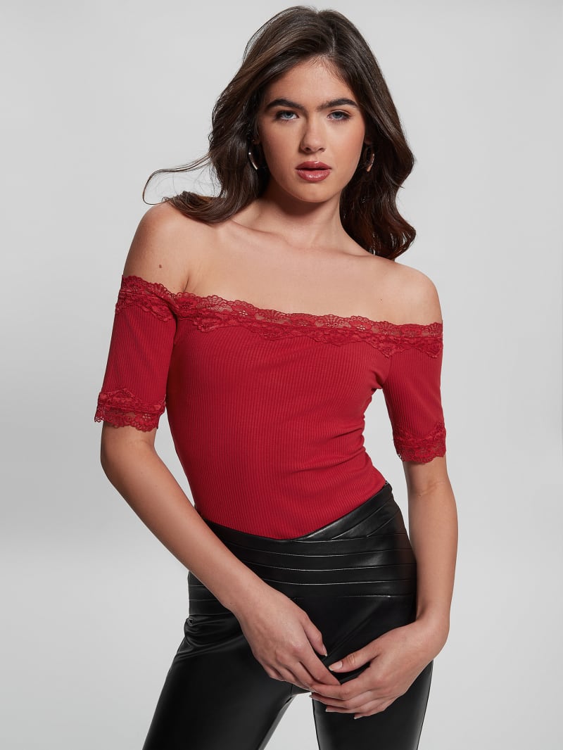 Guess Mei Lace Off-the-Shoulder Top - Chili Red