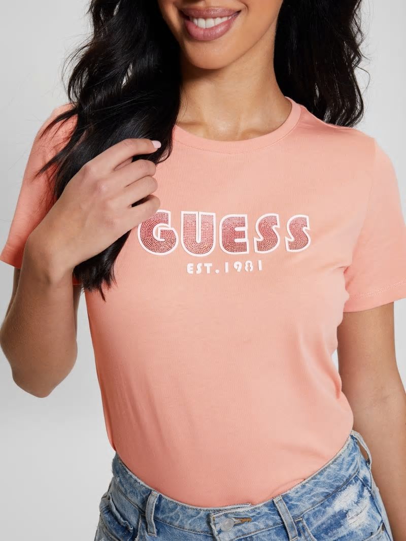 Guess Eco Crewneck Rhinestone Logo Tee - Powder Rose Guess Eco Crewneck Rhinestone Logo Tee - Powder Rose