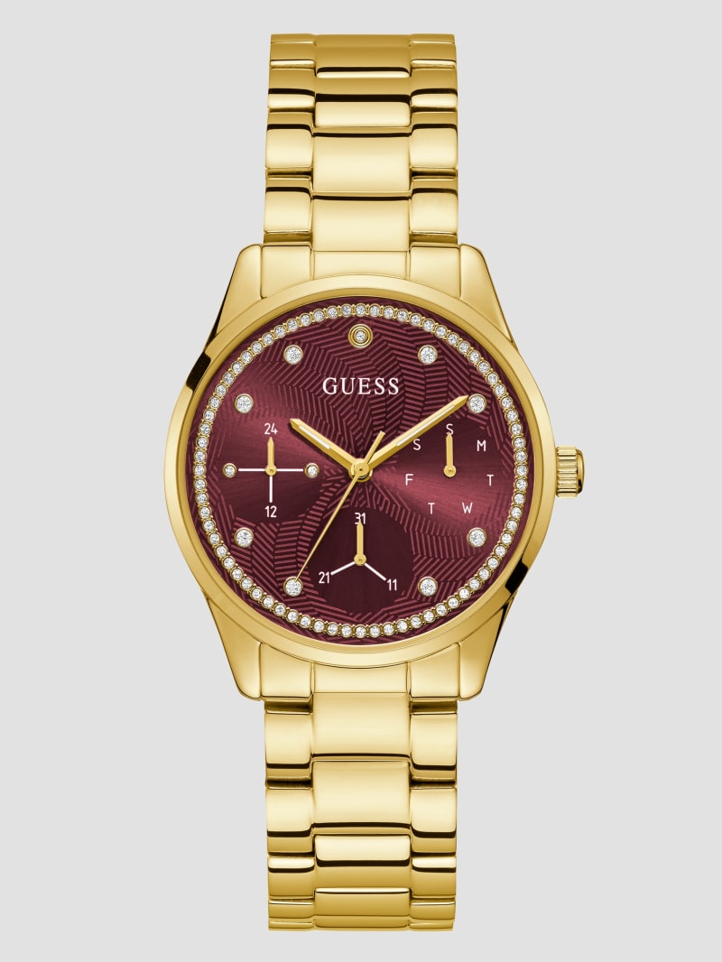 Guess Gold-Tone and Burgundy Multifunction Watch - Gold