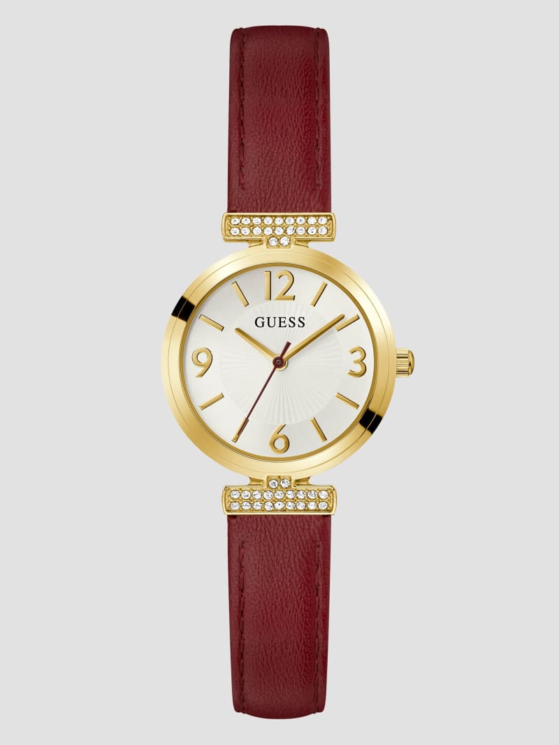 Guess Gold-Tone and Red Leather Analog Watch - Burgundy