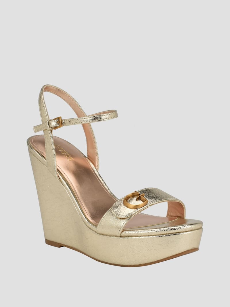 Guess Himifa Shimmer Metallic G Wedge Sandals - Gold