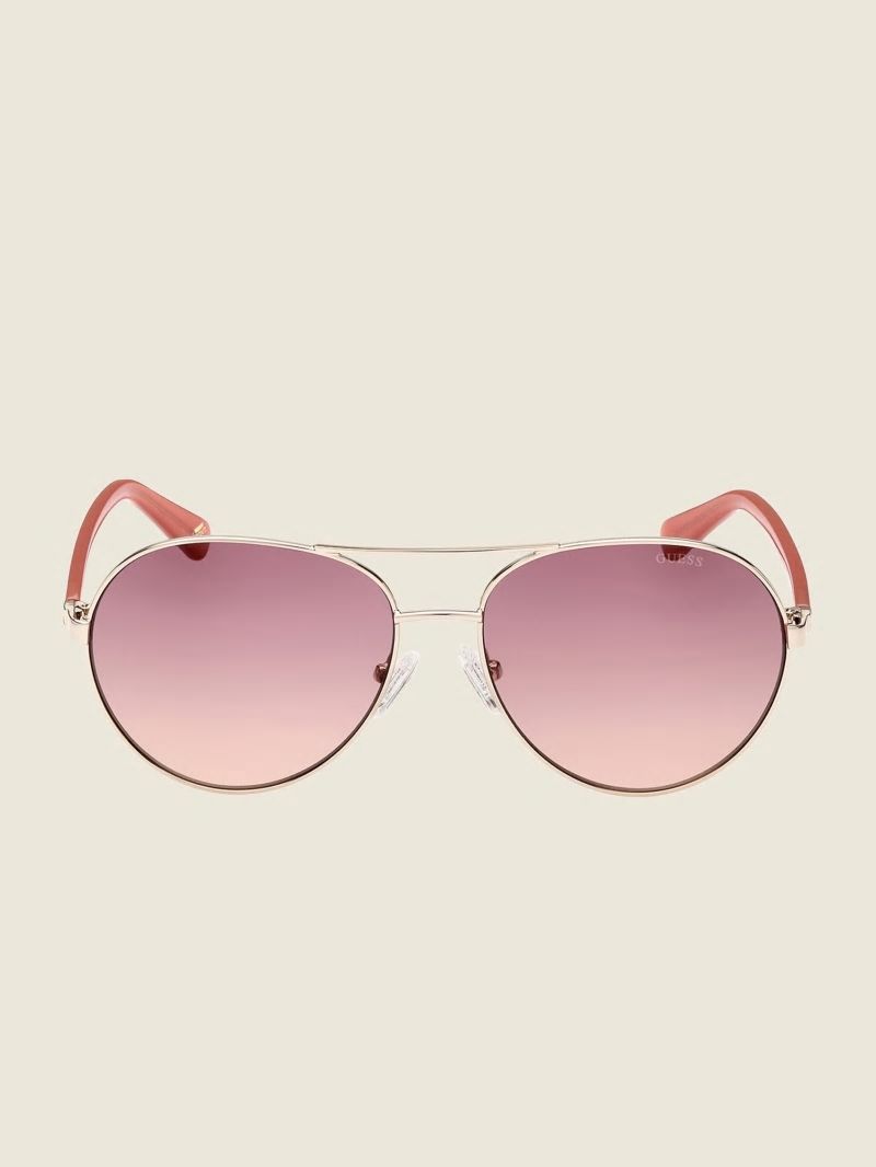 Guess Gold-Tone Aviator Sunglasses - Gold W/ Pink