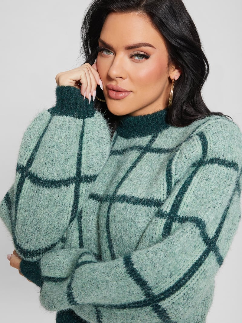 Guess Nadia Plaid Sweater - Green Check