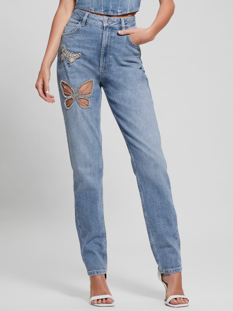 Guess Rhinestone Butterfly High-Rise Mom Jeans - Oneroa
