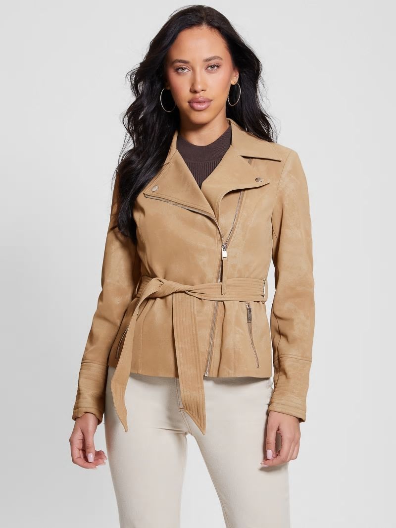 Guess New Agnes Belted Moto Jacket - Wet Sand Multi