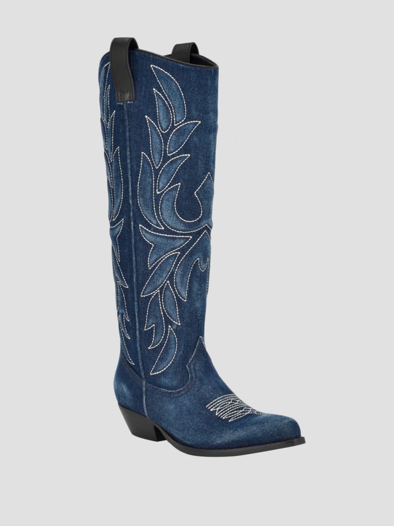 Guess Ginnifer Knee High Denim Cowboy Boots - Denim Tie Dye