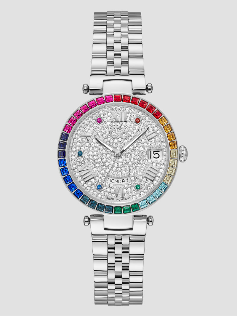 Guess Gc Silver-Tone and Rainbow Crystal Analog Watch - Silver