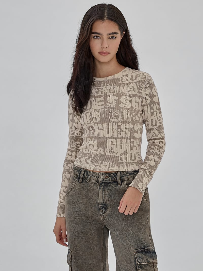 Guess GUESS Originals Waffle-Knit Top - Rome Taupe Multi Guess GUESS Originals Waffle-Knit Top - Rome Taupe Multi