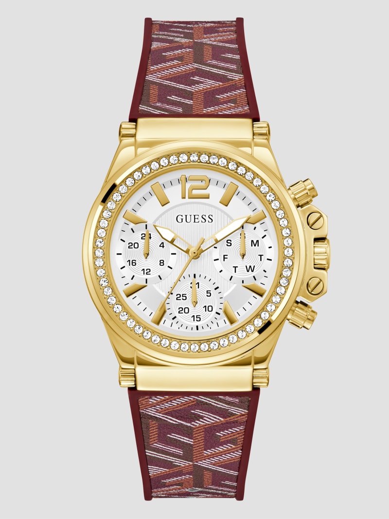 Guess Gold-Tone G-Cube Leather Multifunction Watch - Burgundy