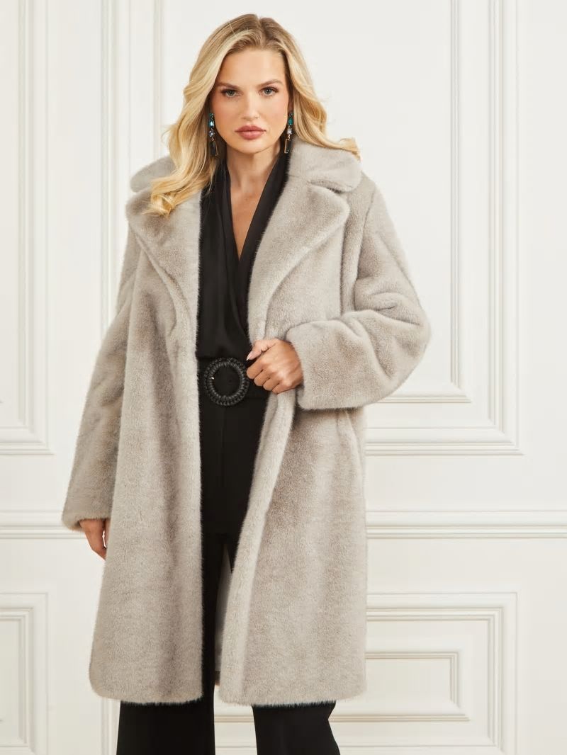 Guess Bianca Faux-Fur Coat - Grey Pearl Multi