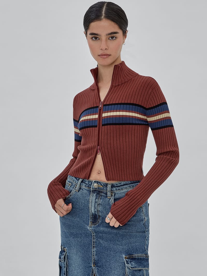 Guess GUESS Originals Eco Stripe Full Zip Sweater - Grape Violet Multi